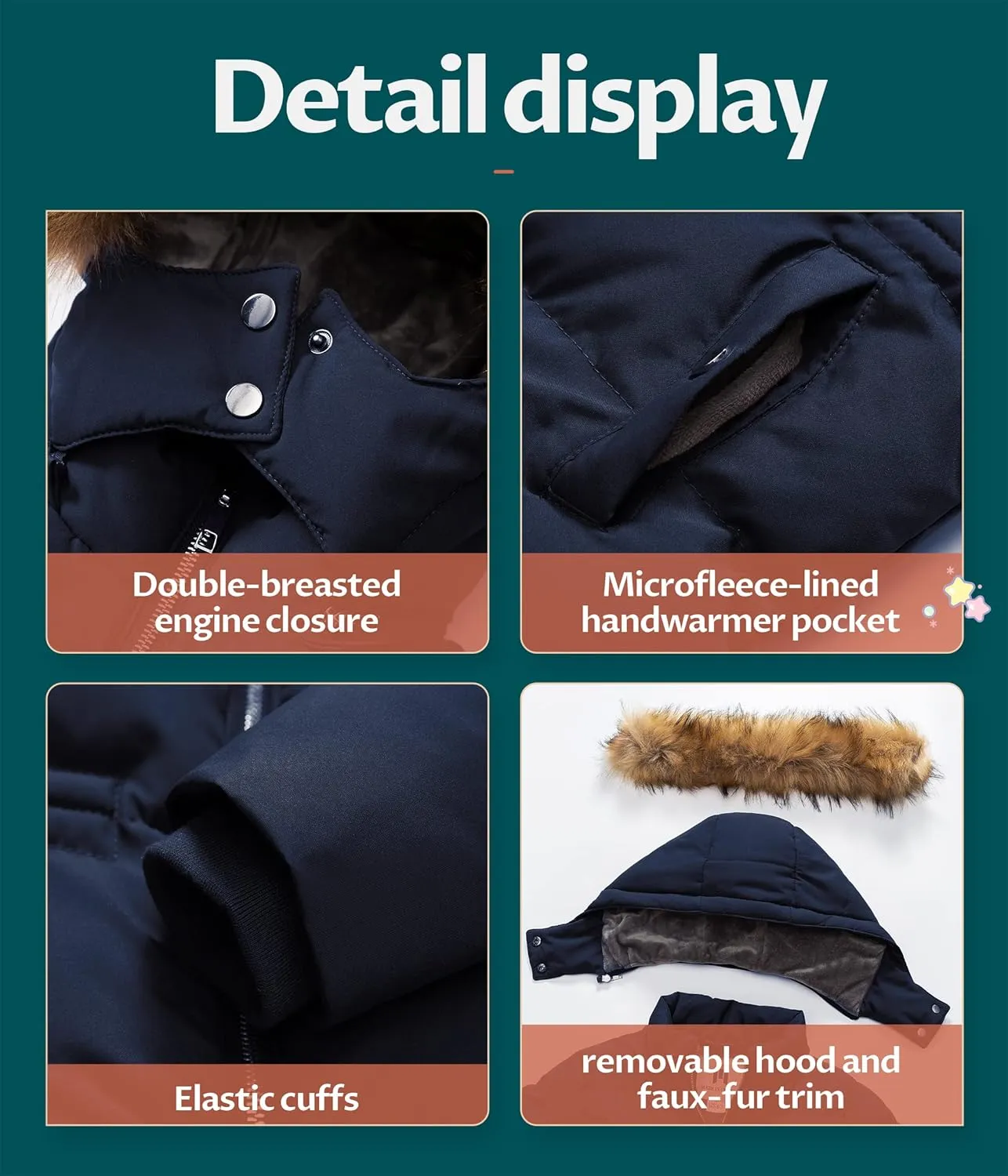 CREATMO US Girl's Kids Metallic Shiny Jacket with Detachable Fur Collar Warmth Winter Outerwear