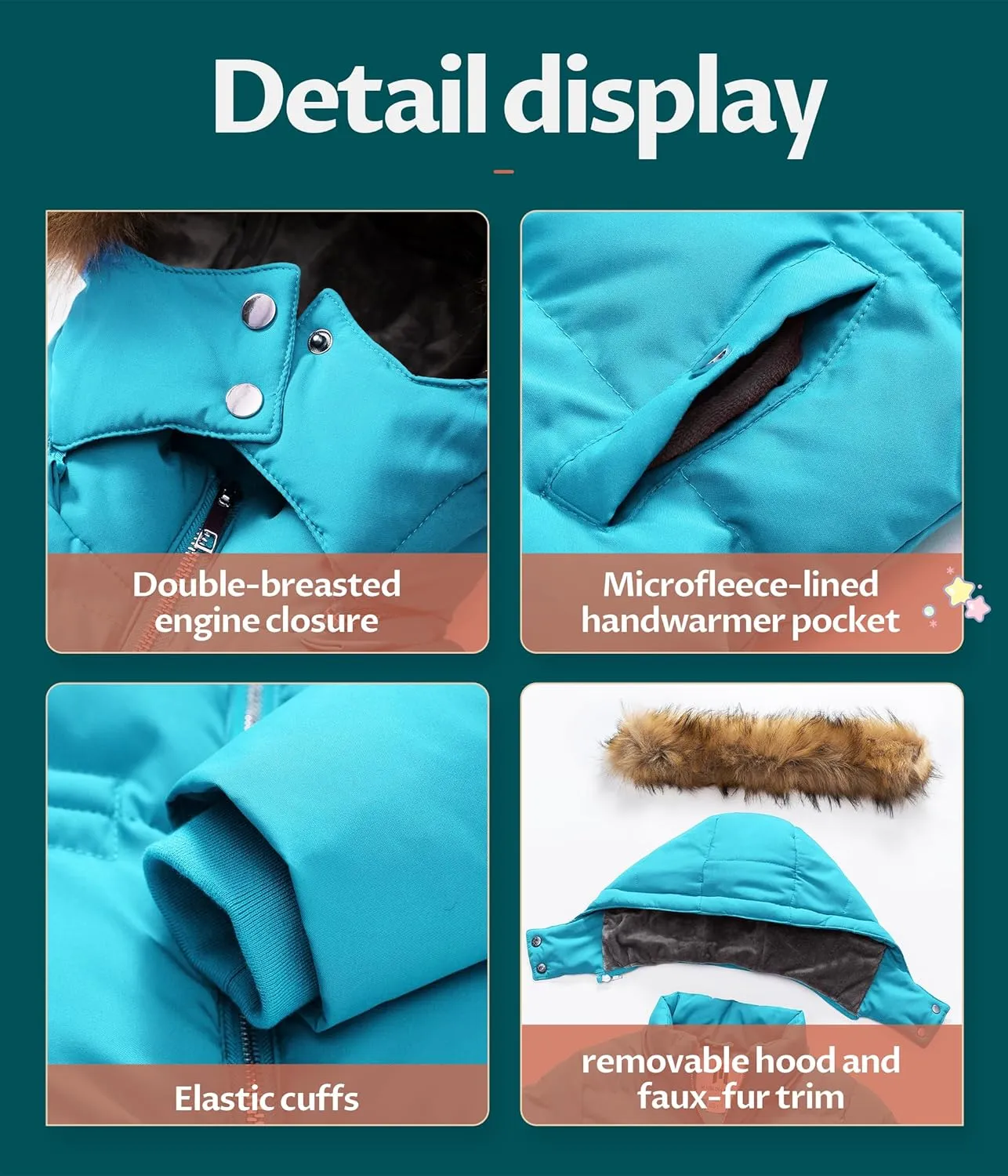 CREATMO US Girl's Kids Metallic Shiny Jacket with Detachable Fur Collar Warmth Winter Outerwear