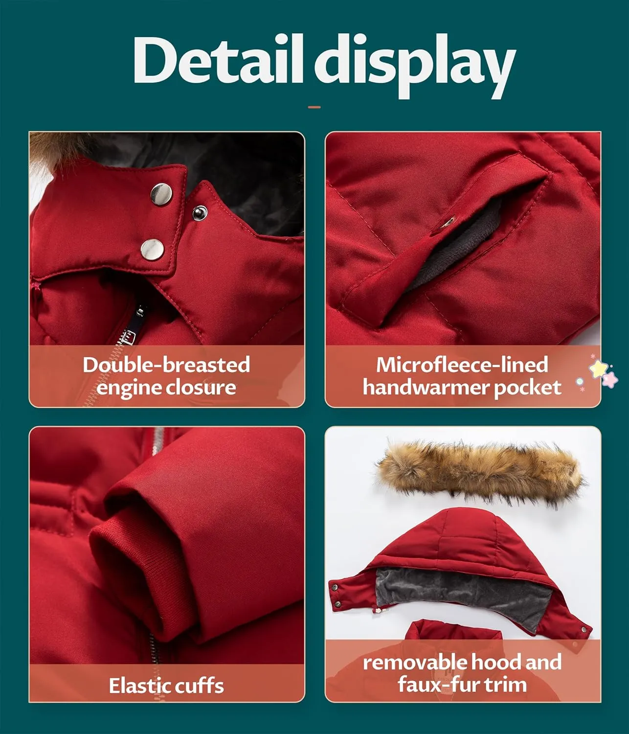 CREATMO US Girl's Kids Metallic Shiny Jacket with Detachable Fur Collar Warmth Winter Outerwear