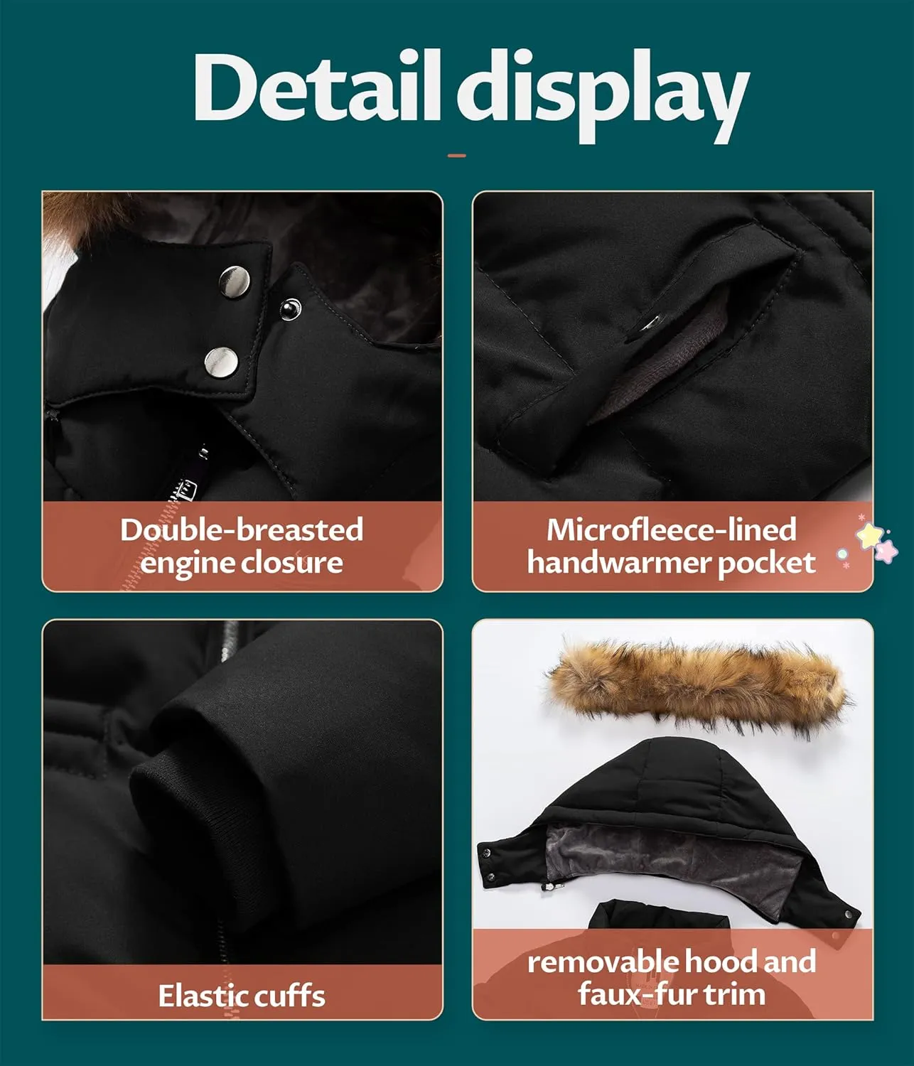 CREATMO US Girl's Kids Metallic Shiny Jacket with Detachable Fur Collar Warmth Winter Outerwear