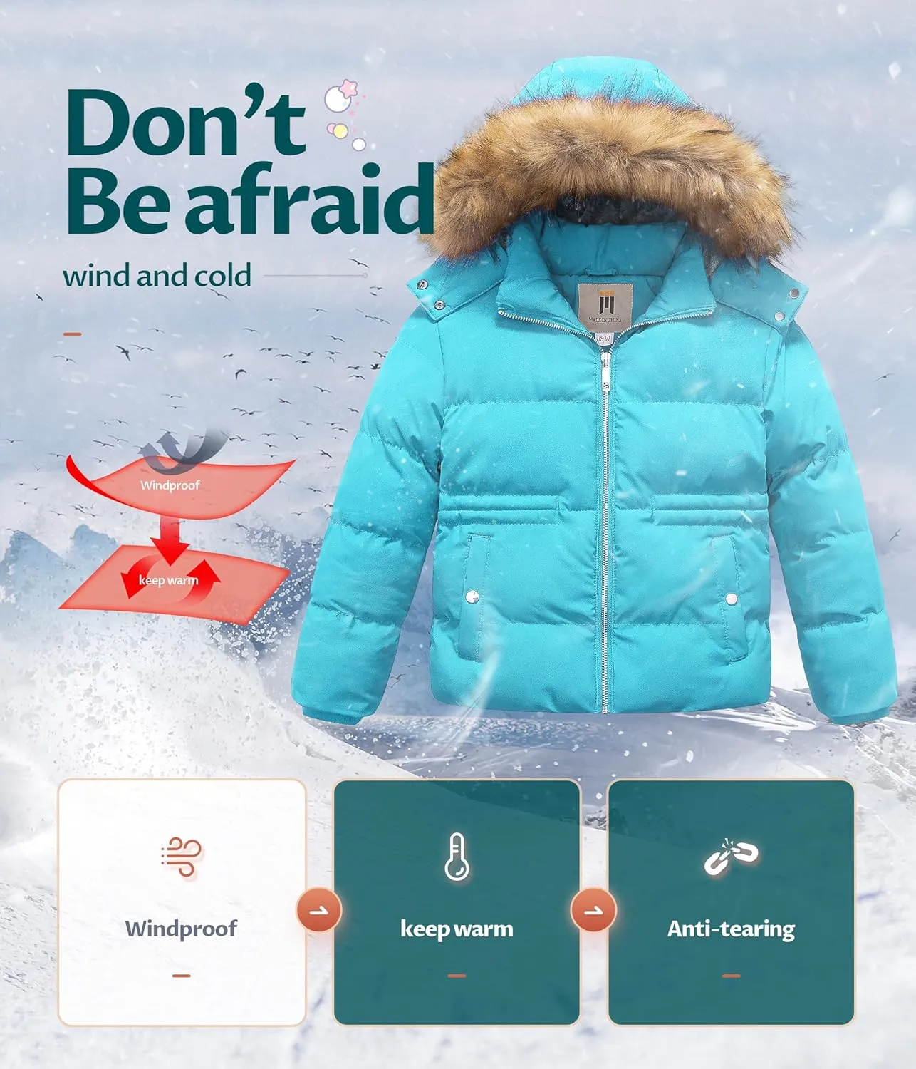 CREATMO US Girl's Kids Metallic Shiny Jacket with Detachable Fur Collar Warmth Winter Outerwear