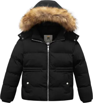 CREATMO US Girl's Kids Metallic Shiny Jacket with Detachable Fur Collar Warmth Winter Outerwear
