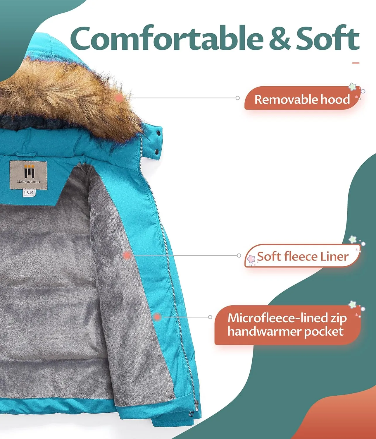 CREATMO US Girl's Kids Metallic Shiny Jacket with Detachable Fur Collar Warmth Winter Outerwear