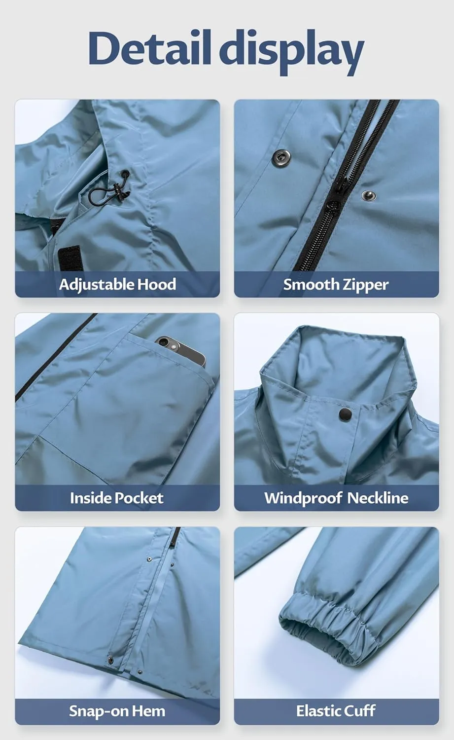 CREATMO US Women's Long Waterproof Rain Coats Lightweight Rain Jacket Packable Windbreaker with Removable Hood