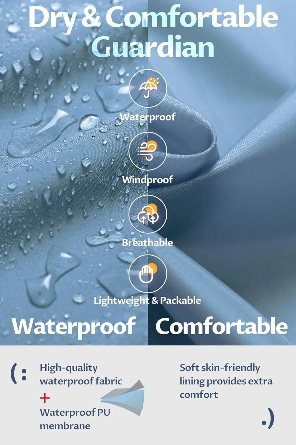 CREATMO US Women's Long Waterproof Rain Coats Lightweight Rain Jacket Packable Windbreaker with Removable Hood