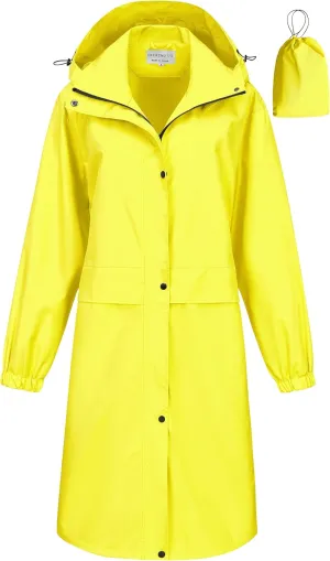 CREATMO US Women's Long Waterproof Rain Coats Lightweight Rain Jacket Packable Windbreaker with Removable Hood