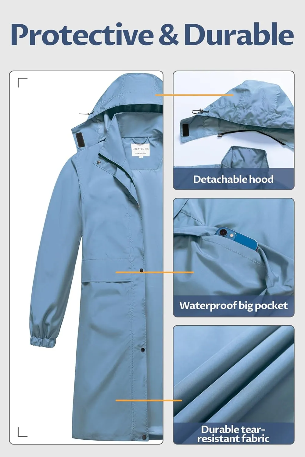 CREATMO US Women's Long Waterproof Rain Coats Lightweight Rain Jacket Packable Windbreaker with Removable Hood