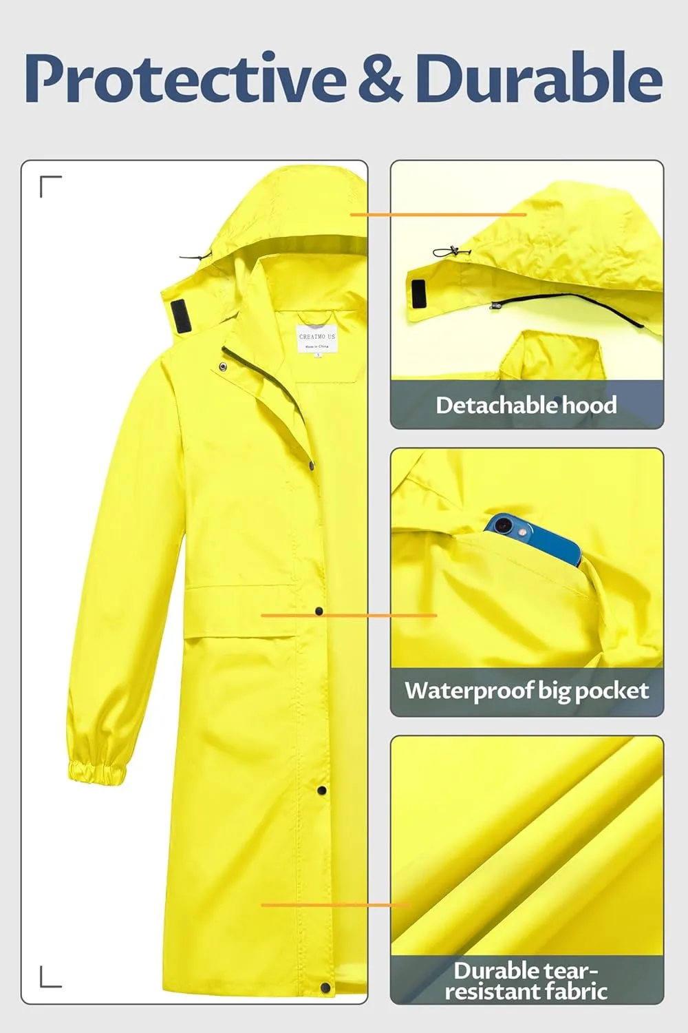 CREATMO US Women's Long Waterproof Rain Coats Lightweight Rain Jacket Packable Windbreaker with Removable Hood