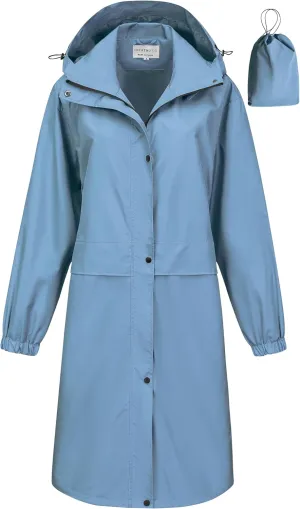 CREATMO US Women's Long Waterproof Rain Coats Lightweight Rain Jacket Packable Windbreaker with Removable Hood