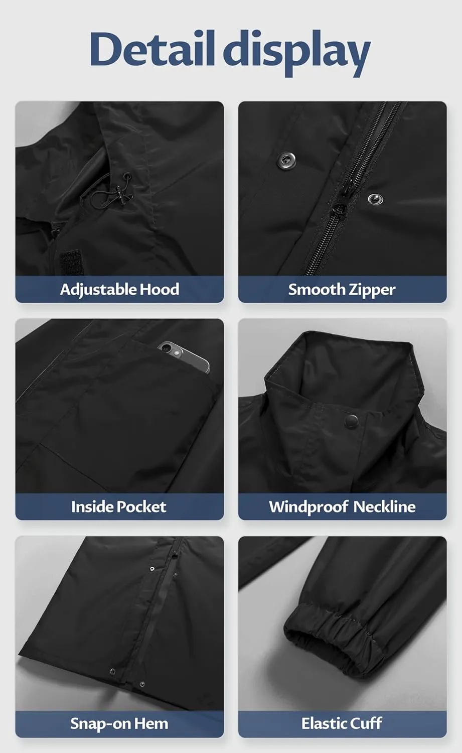 CREATMO US Women's Long Waterproof Rain Coats Lightweight Rain Jacket Packable Windbreaker with Removable Hood