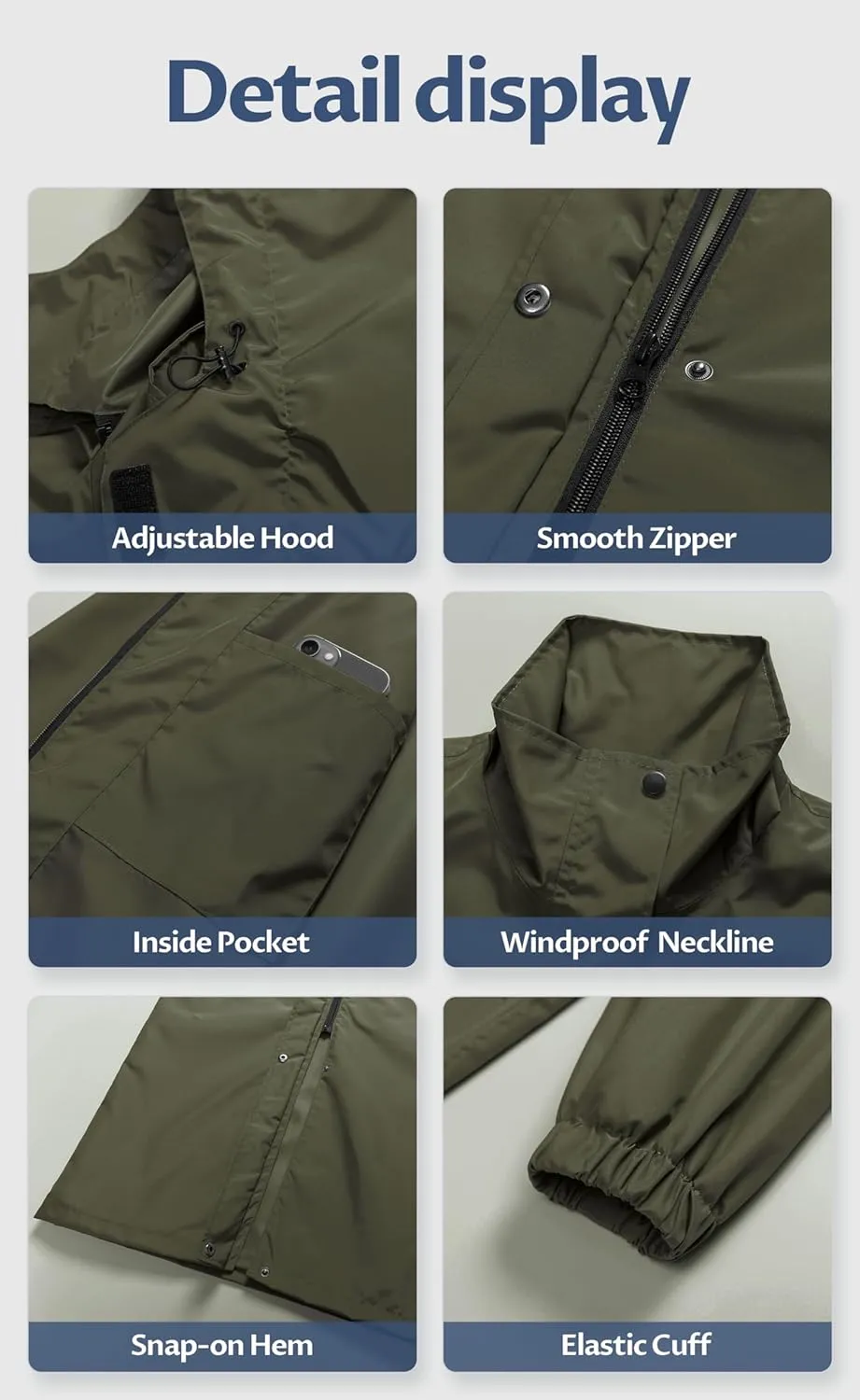 CREATMO US Women's Long Waterproof Rain Coats Lightweight Rain Jacket Packable Windbreaker with Removable Hood