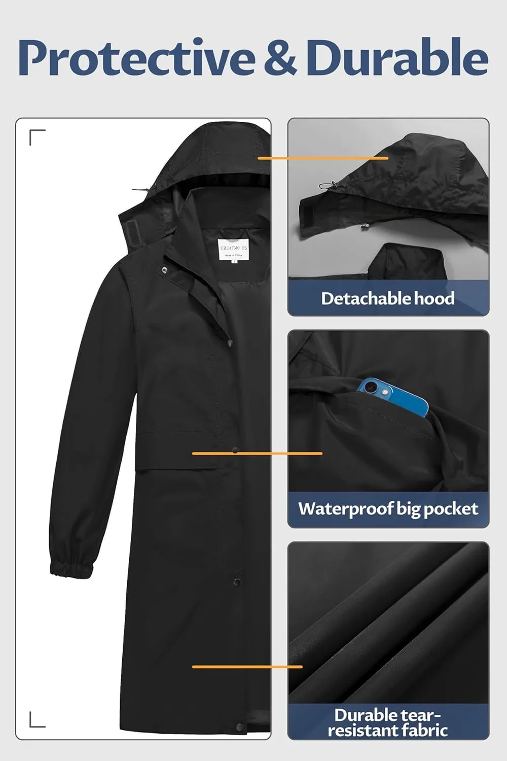 CREATMO US Women's Long Waterproof Rain Coats Lightweight Rain Jacket Packable Windbreaker with Removable Hood