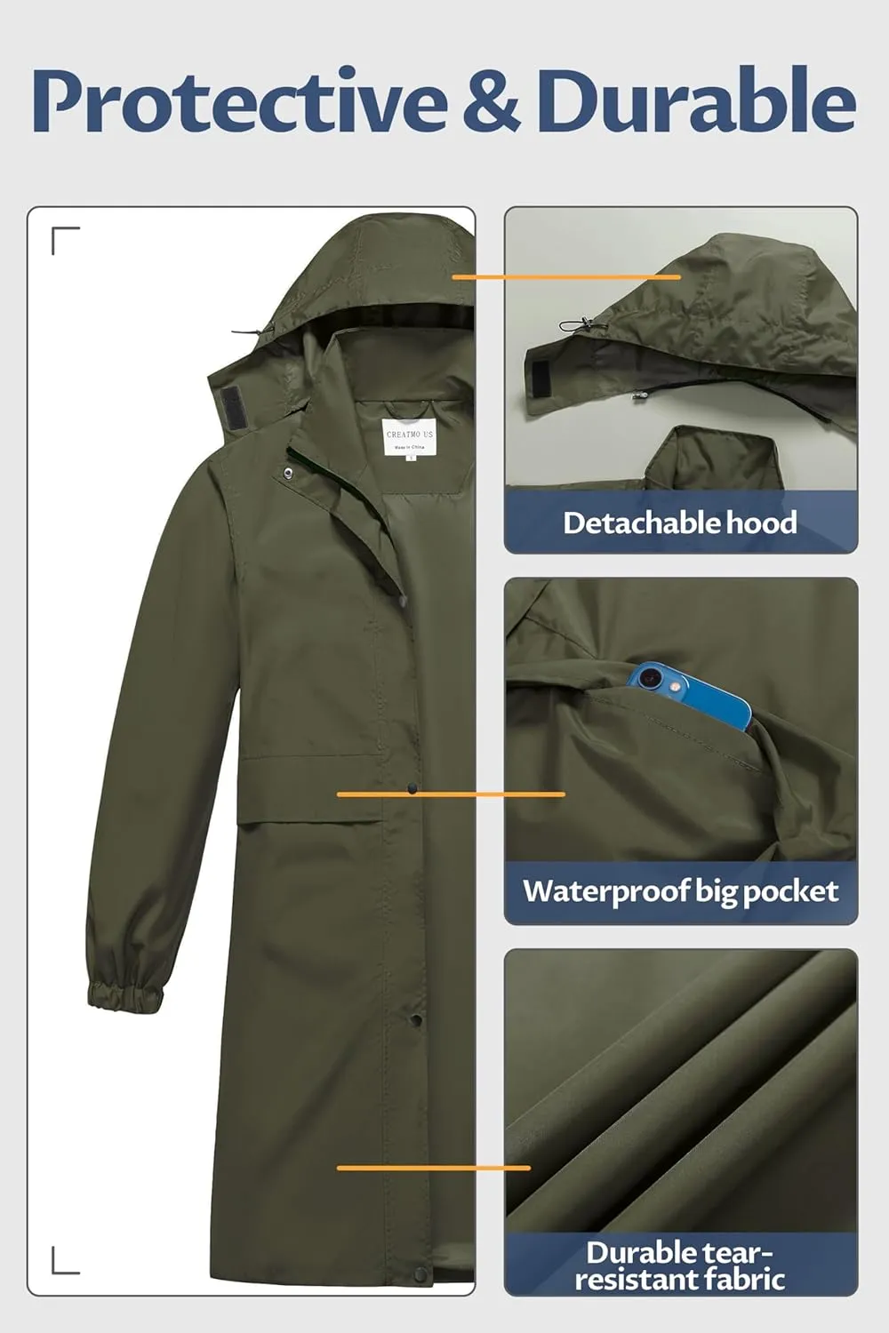CREATMO US Women's Long Waterproof Rain Coats Lightweight Rain Jacket Packable Windbreaker with Removable Hood