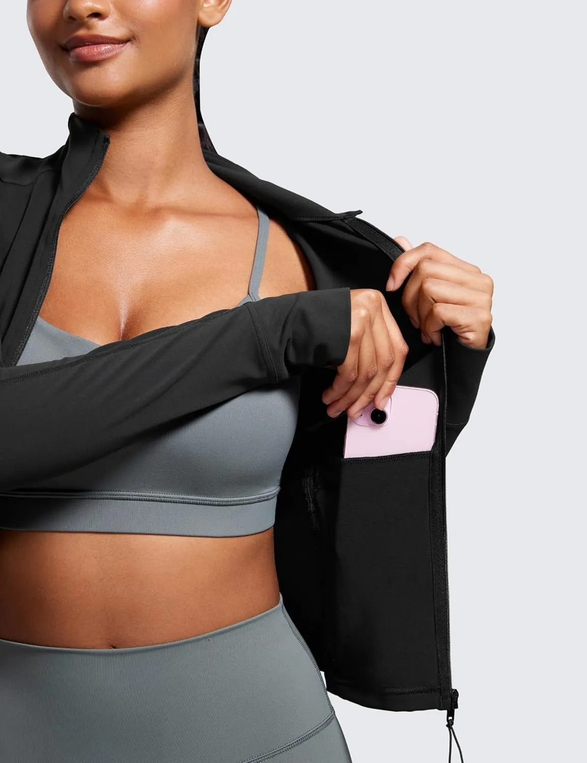 CRZ YOGA Butterluxe Womens Cropped Slim Fit Workout Jacket Weightless Track Athletic Full Zip Up Tops with Thumb Holes