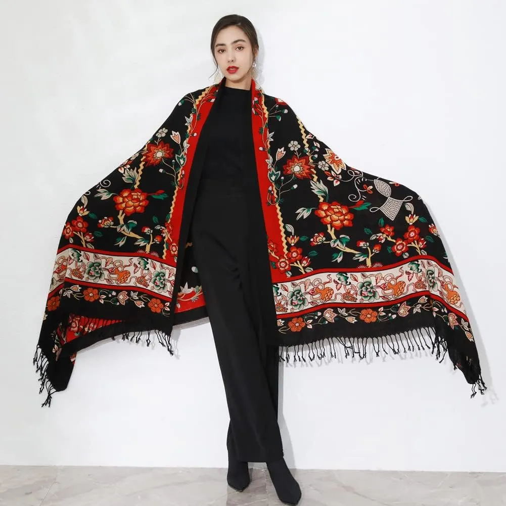 DANA XU 100% Merino Wool Extra Large Pashmina Blanket Travel Scarf Cashmere Wrap for Women Fall Winter Oversize Shawl Floral