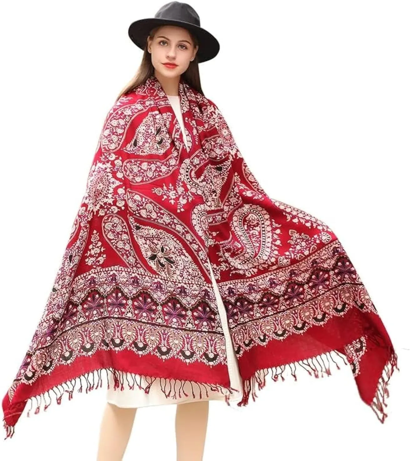 DANA XU 100% Merino Wool Extra Large Pashmina Blanket Travel Scarf Cashmere Wrap for Women Fall Winter Oversize Shawl Floral