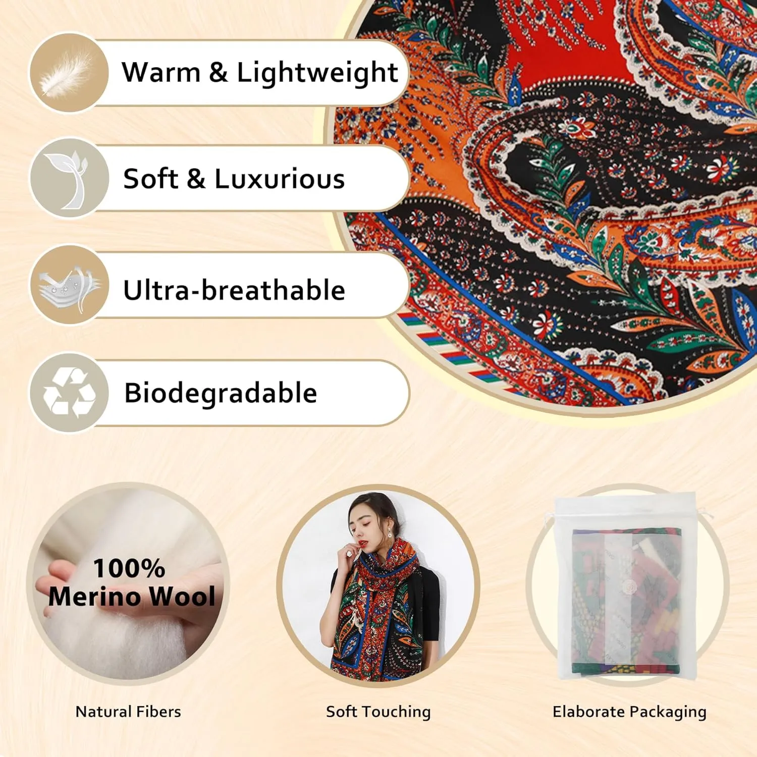 DANA XU 100% Merino Wool Extra Large Pashmina Blanket Travel Scarf Cashmere Wrap for Women Fall Winter Oversize Shawl Floral