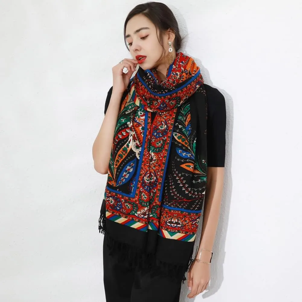 DANA XU 100% Merino Wool Extra Large Pashmina Blanket Travel Scarf Cashmere Wrap for Women Fall Winter Oversize Shawl Floral