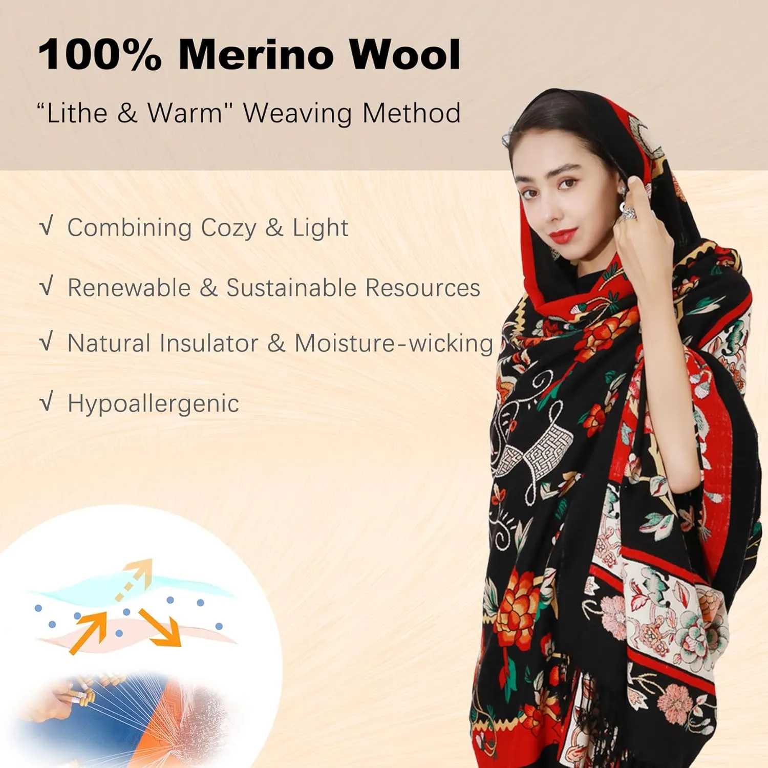 DANA XU 100% Merino Wool Extra Large Pashmina Blanket Travel Scarf Cashmere Wrap for Women Fall Winter Oversize Shawl Floral