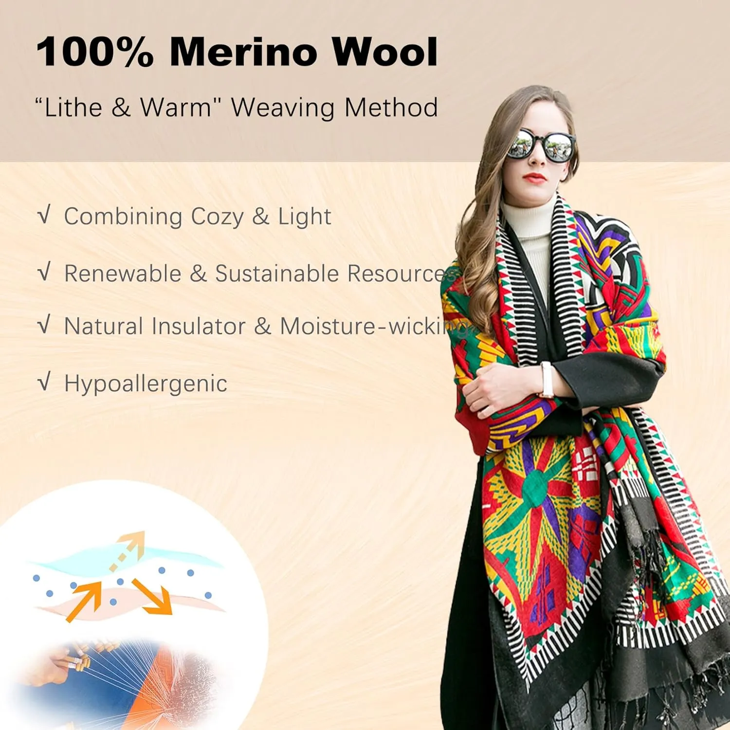 DANA XU 100% Merino Wool Extra Large Pashmina Blanket Travel Scarf Cashmere Wrap for Women Fall Winter Oversize Shawl Floral
