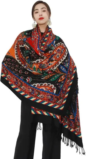 DANA XU 100% Merino Wool Extra Large Pashmina Blanket Travel Scarf Cashmere Wrap for Women Fall Winter Oversize Shawl Floral