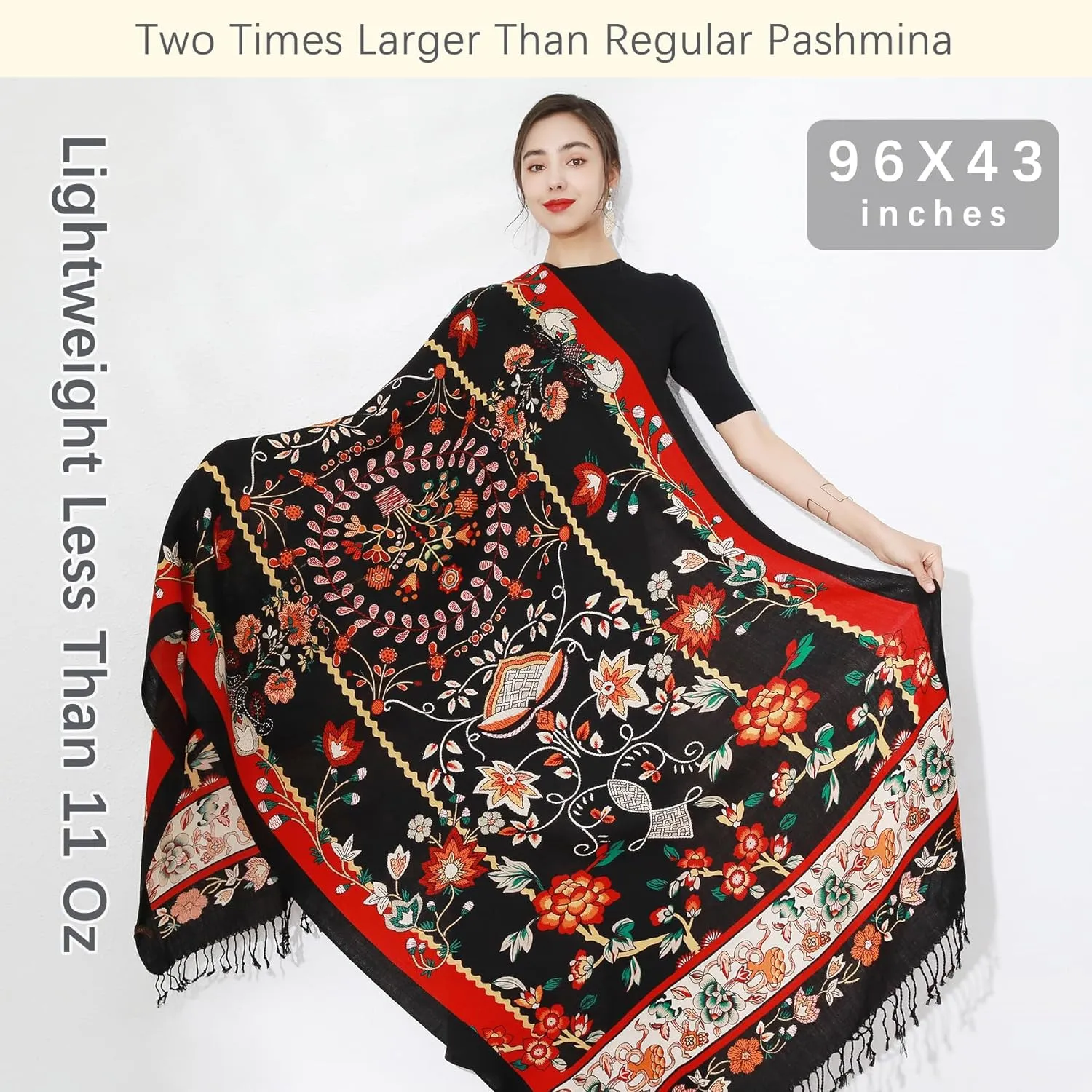 DANA XU 100% Merino Wool Extra Large Pashmina Blanket Travel Scarf Cashmere Wrap for Women Fall Winter Oversize Shawl Floral