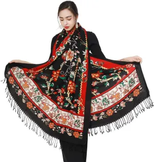 DANA XU 100% Merino Wool Extra Large Pashmina Blanket Travel Scarf Cashmere Wrap for Women Fall Winter Oversize Shawl Floral