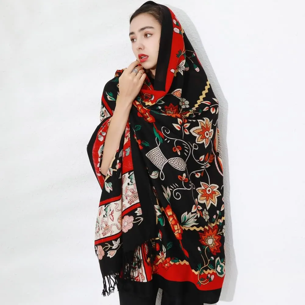 DANA XU 100% Merino Wool Extra Large Pashmina Blanket Travel Scarf Cashmere Wrap for Women Fall Winter Oversize Shawl Floral