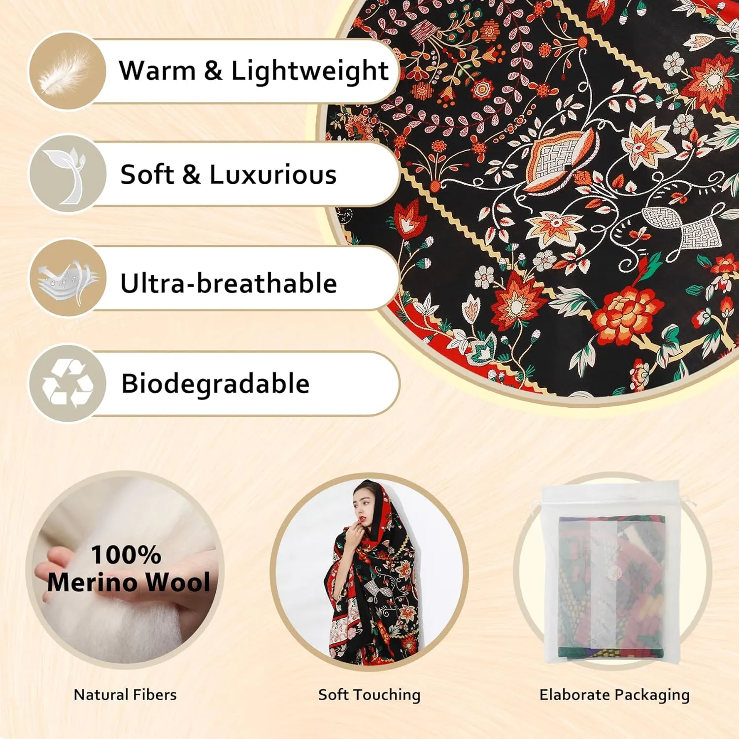 DANA XU 100% Merino Wool Extra Large Pashmina Blanket Travel Scarf Cashmere Wrap for Women Fall Winter Oversize Shawl Floral