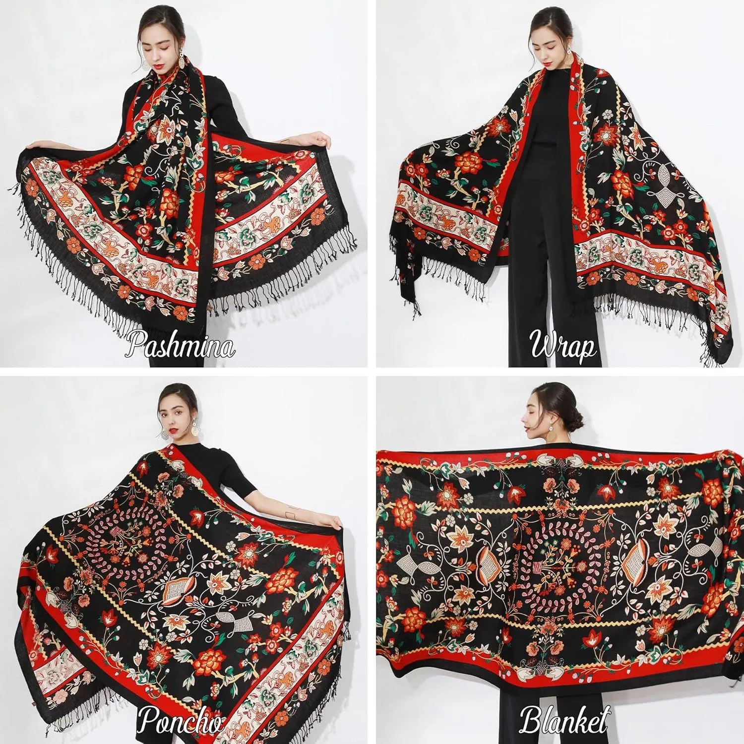 DANA XU 100% Merino Wool Extra Large Pashmina Blanket Travel Scarf Cashmere Wrap for Women Fall Winter Oversize Shawl Floral