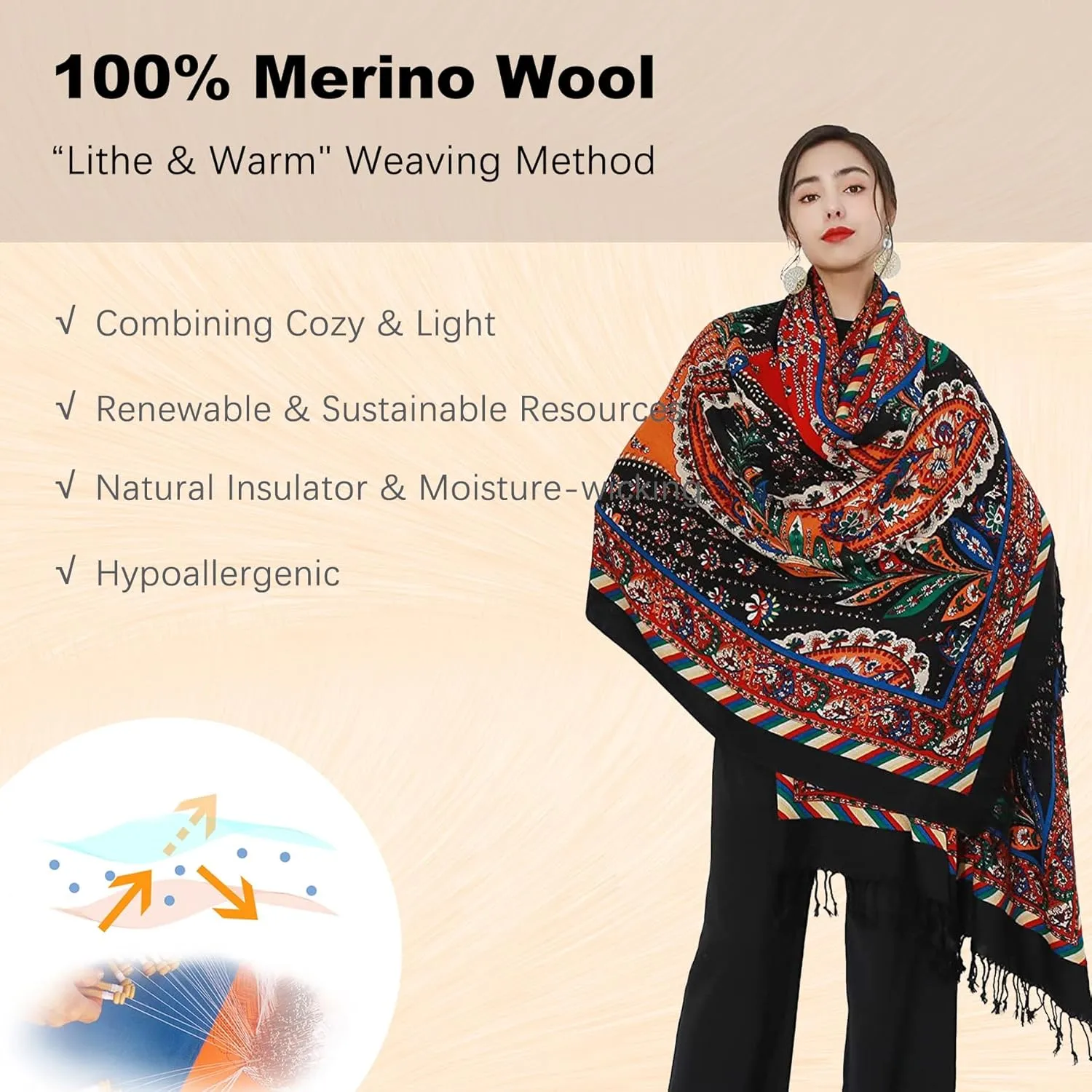 DANA XU 100% Merino Wool Extra Large Pashmina Blanket Travel Scarf Cashmere Wrap for Women Fall Winter Oversize Shawl Floral