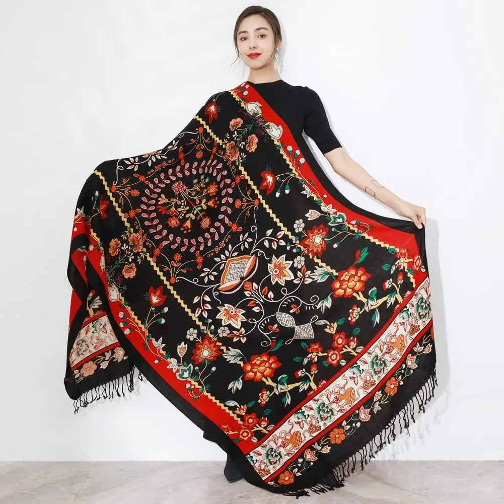 DANA XU 100% Merino Wool Extra Large Pashmina Blanket Travel Scarf Cashmere Wrap for Women Fall Winter Oversize Shawl Floral