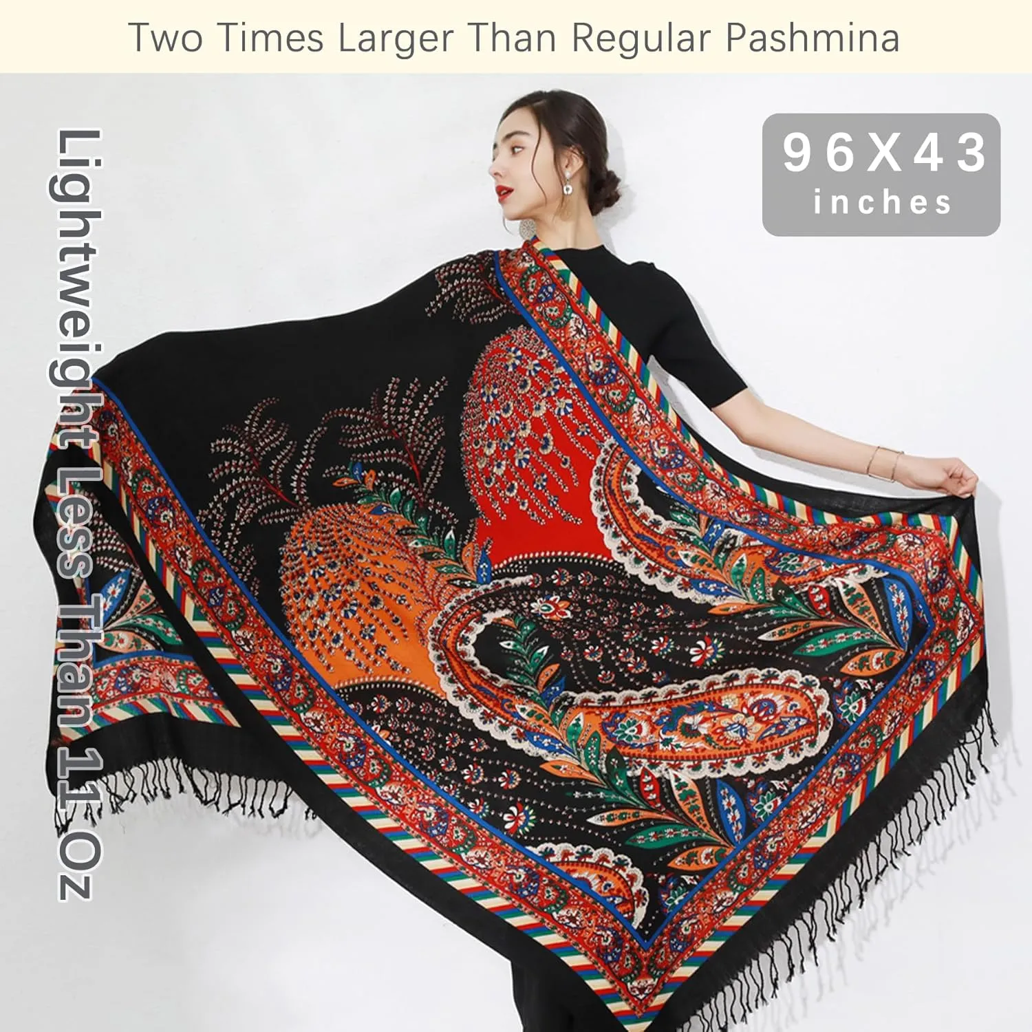 DANA XU 100% Merino Wool Extra Large Pashmina Blanket Travel Scarf Cashmere Wrap for Women Fall Winter Oversize Shawl Floral