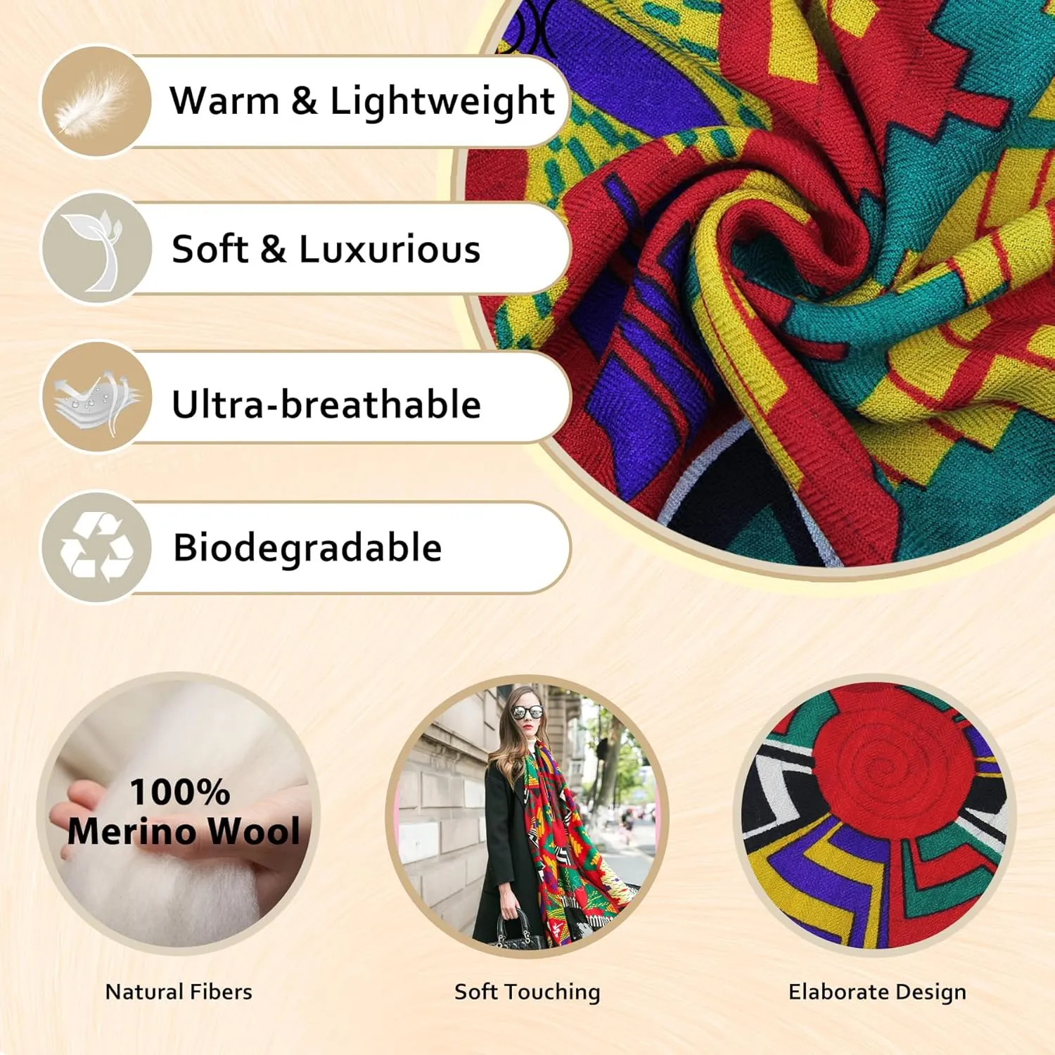 DANA XU 100% Merino Wool Extra Large Pashmina Blanket Travel Scarf Cashmere Wrap for Women Fall Winter Oversize Shawl Floral