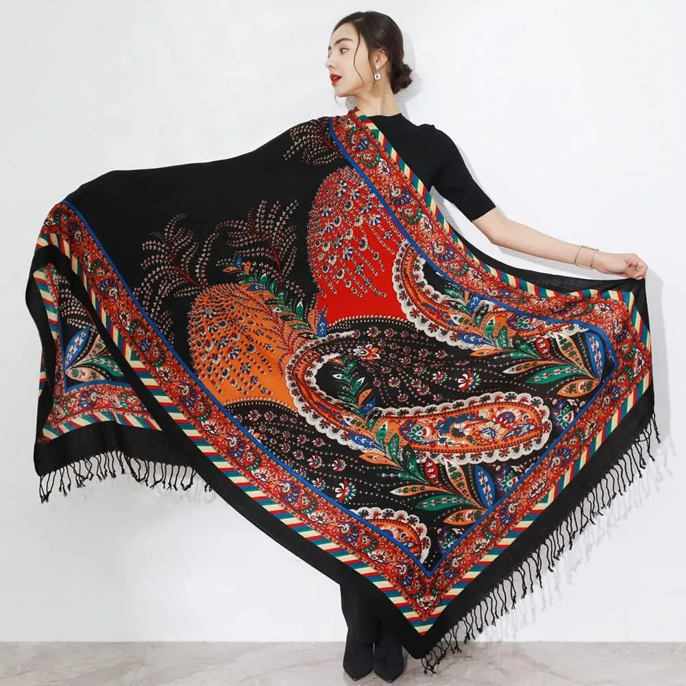 DANA XU 100% Merino Wool Extra Large Pashmina Blanket Travel Scarf Cashmere Wrap for Women Fall Winter Oversize Shawl Floral