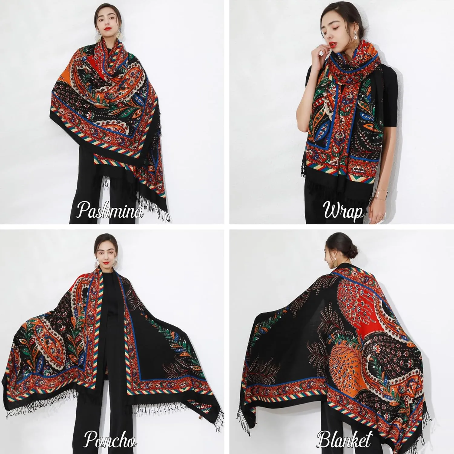 DANA XU 100% Merino Wool Extra Large Pashmina Blanket Travel Scarf Cashmere Wrap for Women Fall Winter Oversize Shawl Floral
