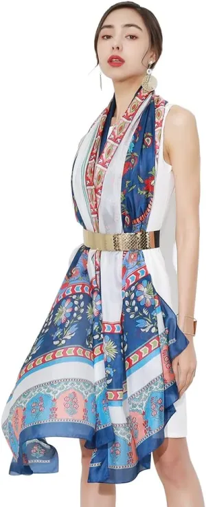 DANA XU 100% Mulberry Satin Silk Summer Travel Scarf Extra Large Women Floral Shawl Oversize Soft Wraps For Evening Dresses