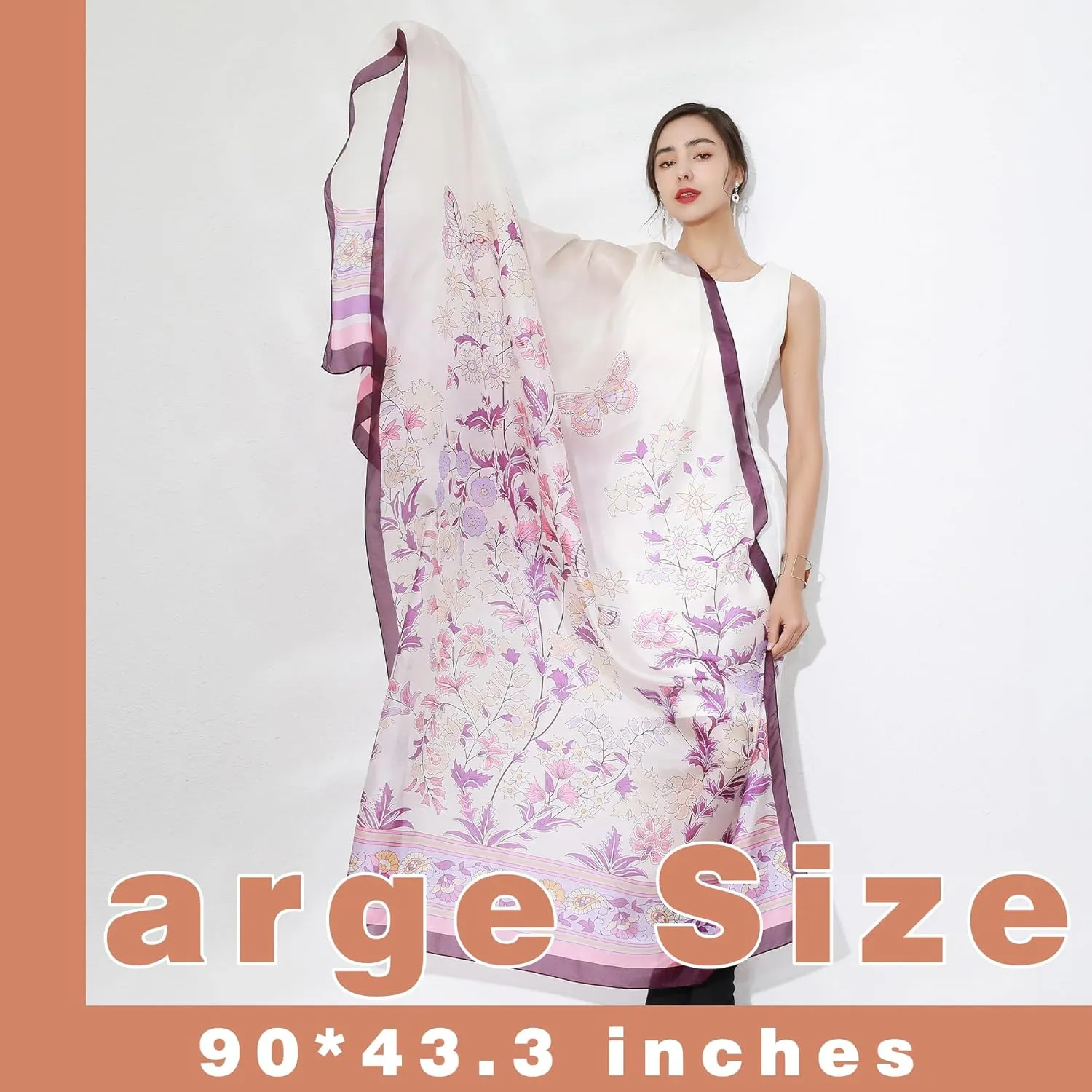 DANA XU 100% Mulberry Satin Silk Summer Travel Scarf Extra Large Women Floral Shawl Oversize Soft Wraps For Evening Dresses