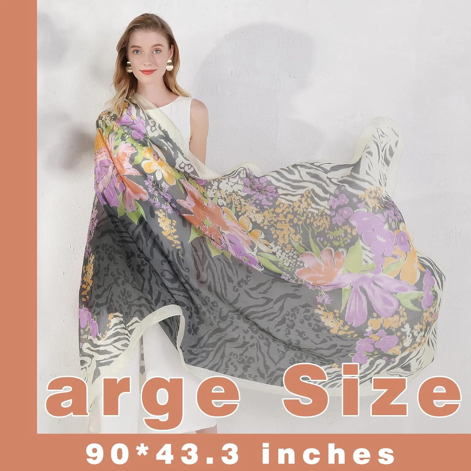 DANA XU 100% Mulberry Satin Silk Summer Travel Scarf Extra Large Women Floral Shawl Oversize Soft Wraps For Evening Dresses