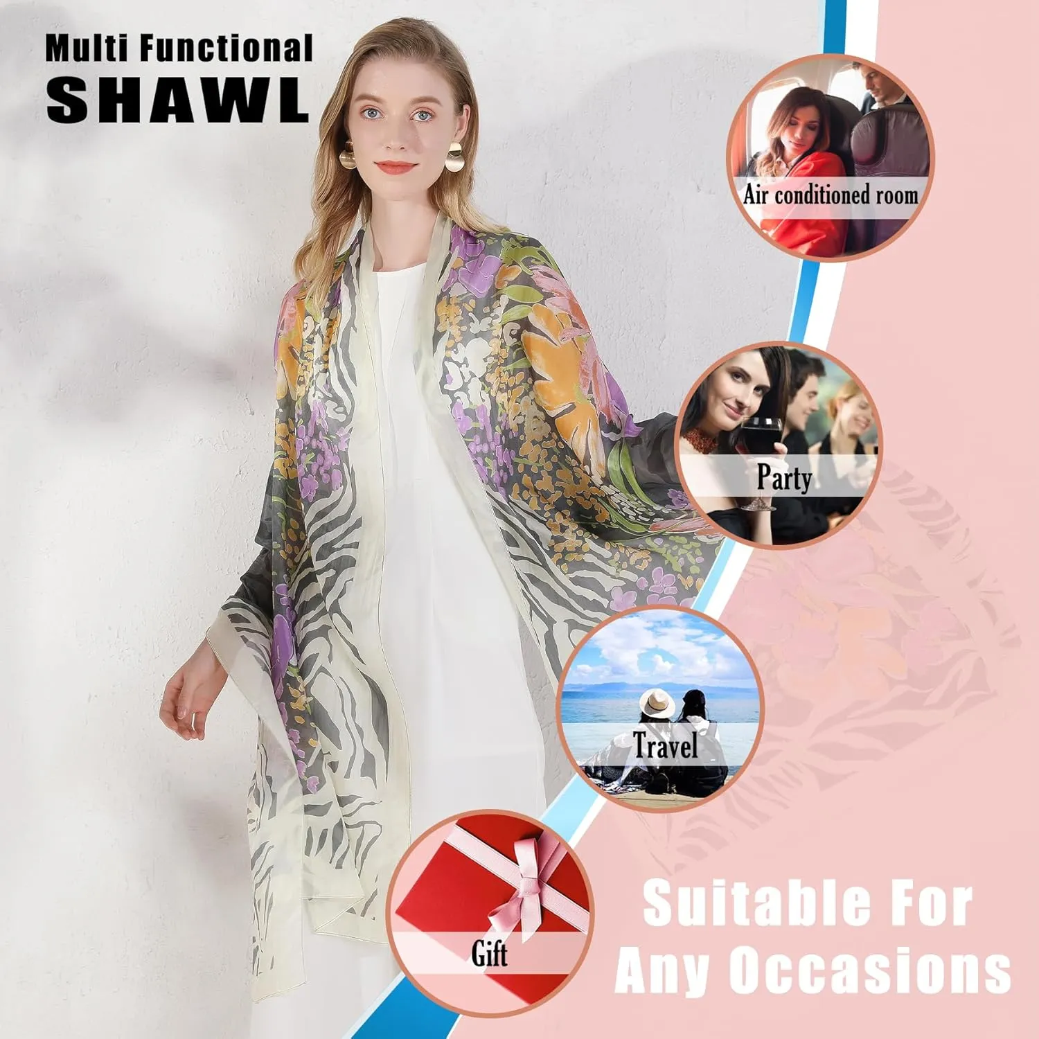 DANA XU 100% Mulberry Satin Silk Summer Travel Scarf Extra Large Women Floral Shawl Oversize Soft Wraps For Evening Dresses