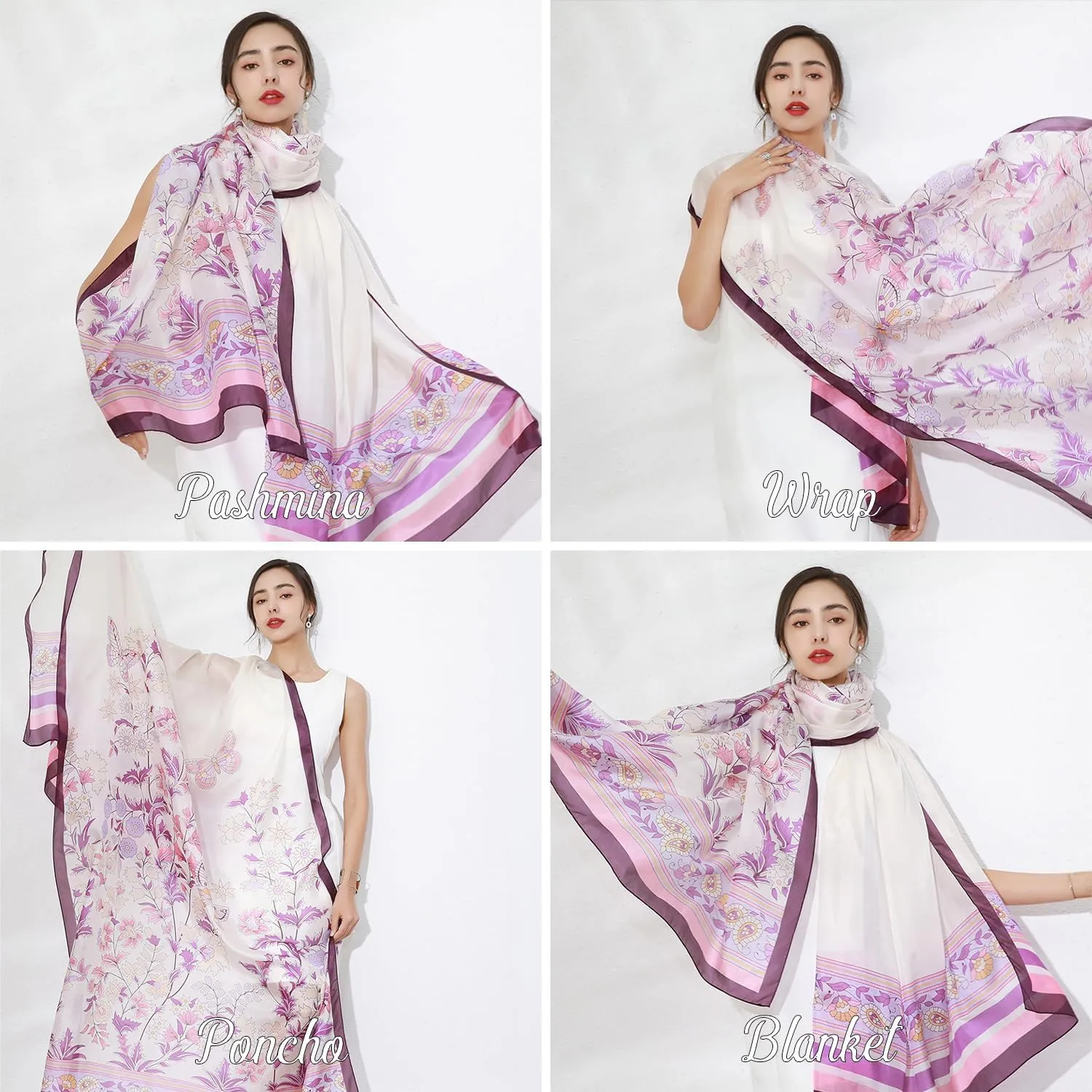 DANA XU 100% Mulberry Satin Silk Summer Travel Scarf Extra Large Women Floral Shawl Oversize Soft Wraps For Evening Dresses