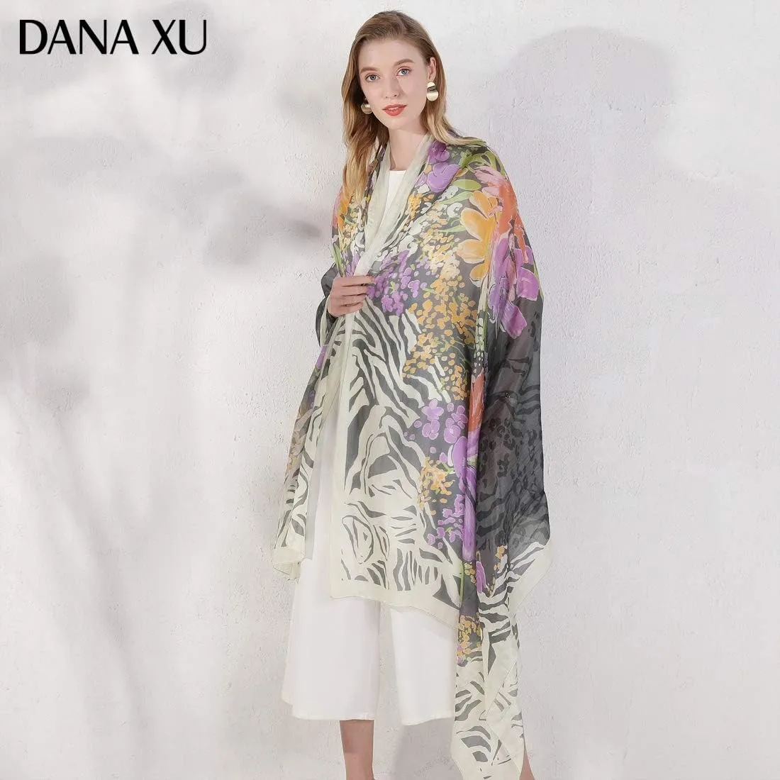 DANA XU 100% Mulberry Satin Silk Summer Travel Scarf Extra Large Women Floral Shawl Oversize Soft Wraps For Evening Dresses