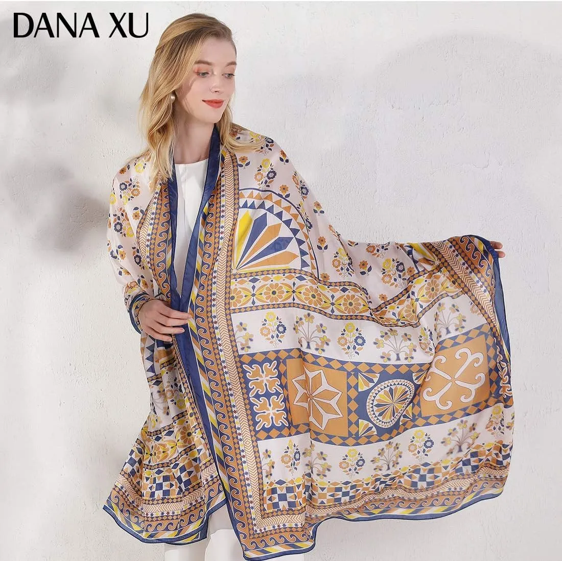 DANA XU 100% Mulberry Satin Silk Summer Travel Scarf Extra Large Women Floral Shawl Oversize Soft Wraps For Evening Dresses