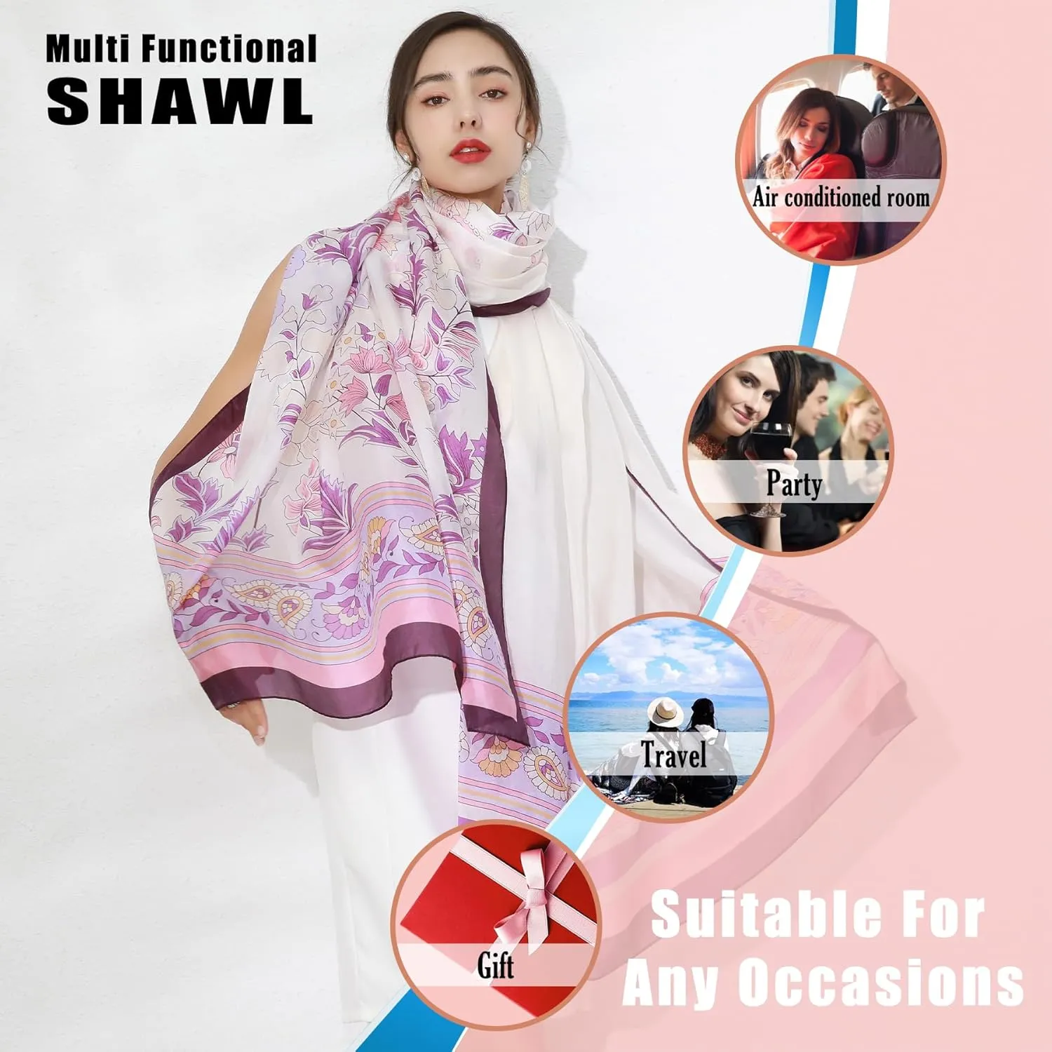 DANA XU 100% Mulberry Satin Silk Summer Travel Scarf Extra Large Women Floral Shawl Oversize Soft Wraps For Evening Dresses