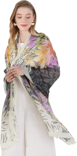 DANA XU 100% Mulberry Satin Silk Summer Travel Scarf Extra Large Women Floral Shawl Oversize Soft Wraps For Evening Dresses