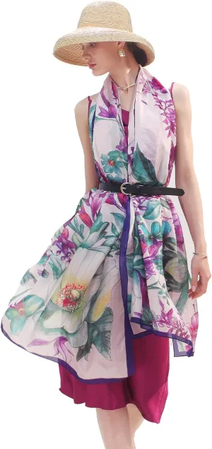 DANA XU Women's 100% Mulberry Satin Silk Pashmina Shawl Wraps Extra Large Floral Scarf for Evening Dresses, Soft Oversized