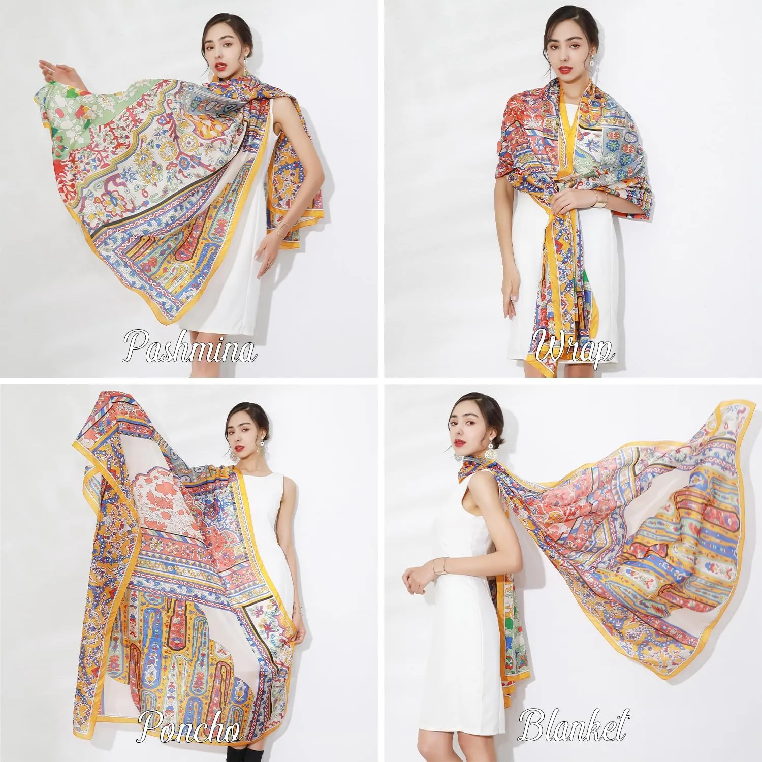 DANA XU Women's 100% Mulberry Satin Silk Pashmina Shawl Wraps Extra Large Floral Scarf for Evening Dresses, Soft Oversized