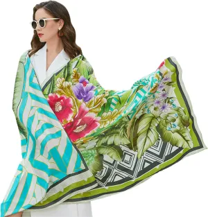 DANA XU Women's 100% Mulberry Satin Silk Pashmina Shawl Wraps Extra Large Floral Scarf for Evening Dresses, Soft Oversized