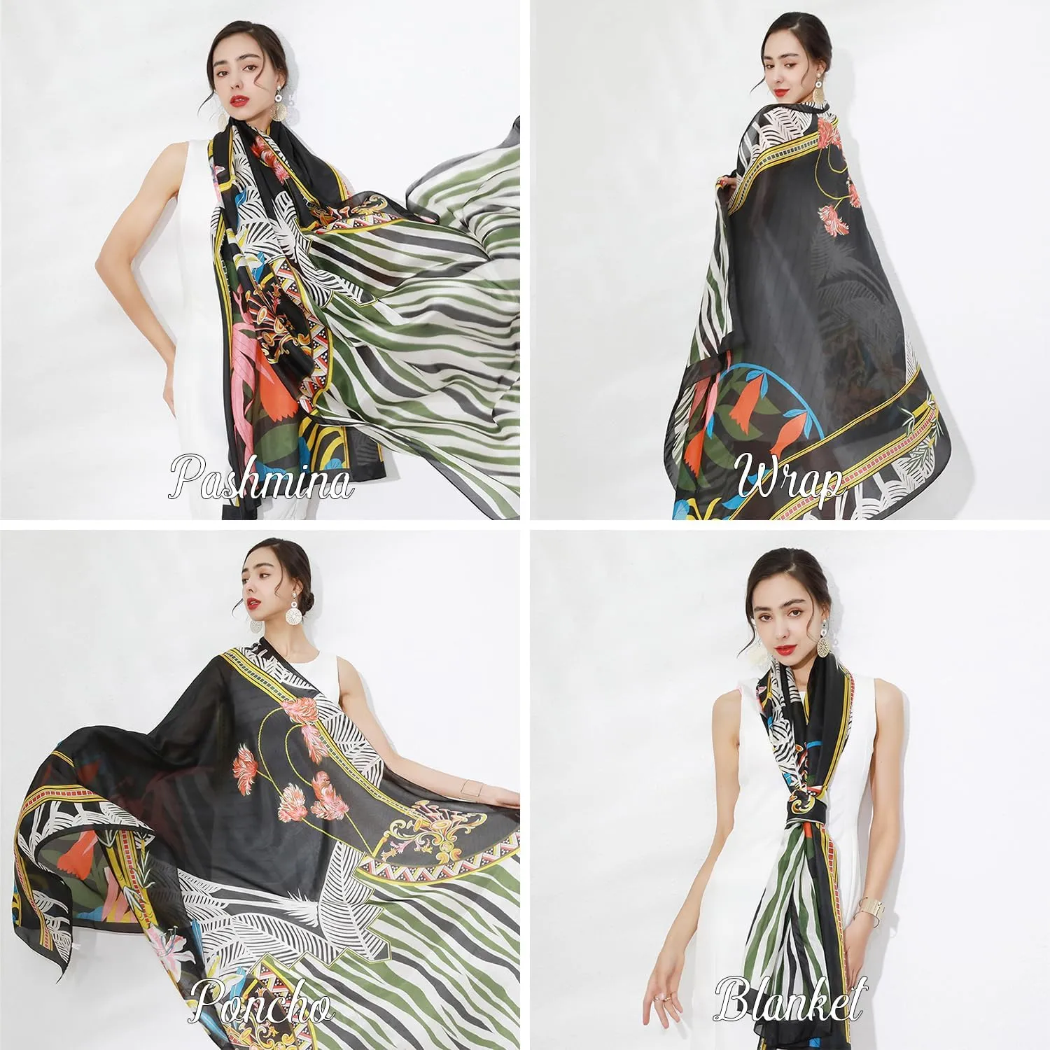 DANA XU Women's 100% Mulberry Satin Silk Pashmina Shawl Wraps Extra Large Floral Scarf for Evening Dresses, Soft Oversized