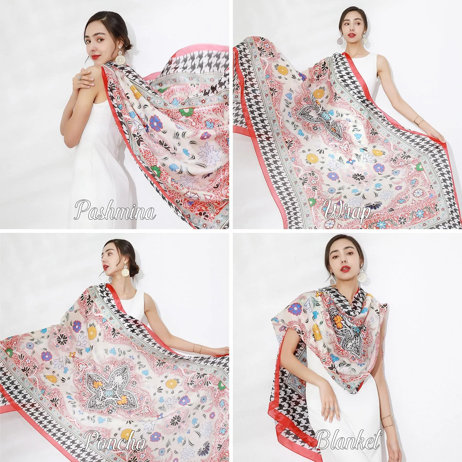 DANA XU Women's 100% Mulberry Satin Silk Pashmina Shawl Wraps Extra Large Floral Scarf for Evening Dresses, Soft Oversized